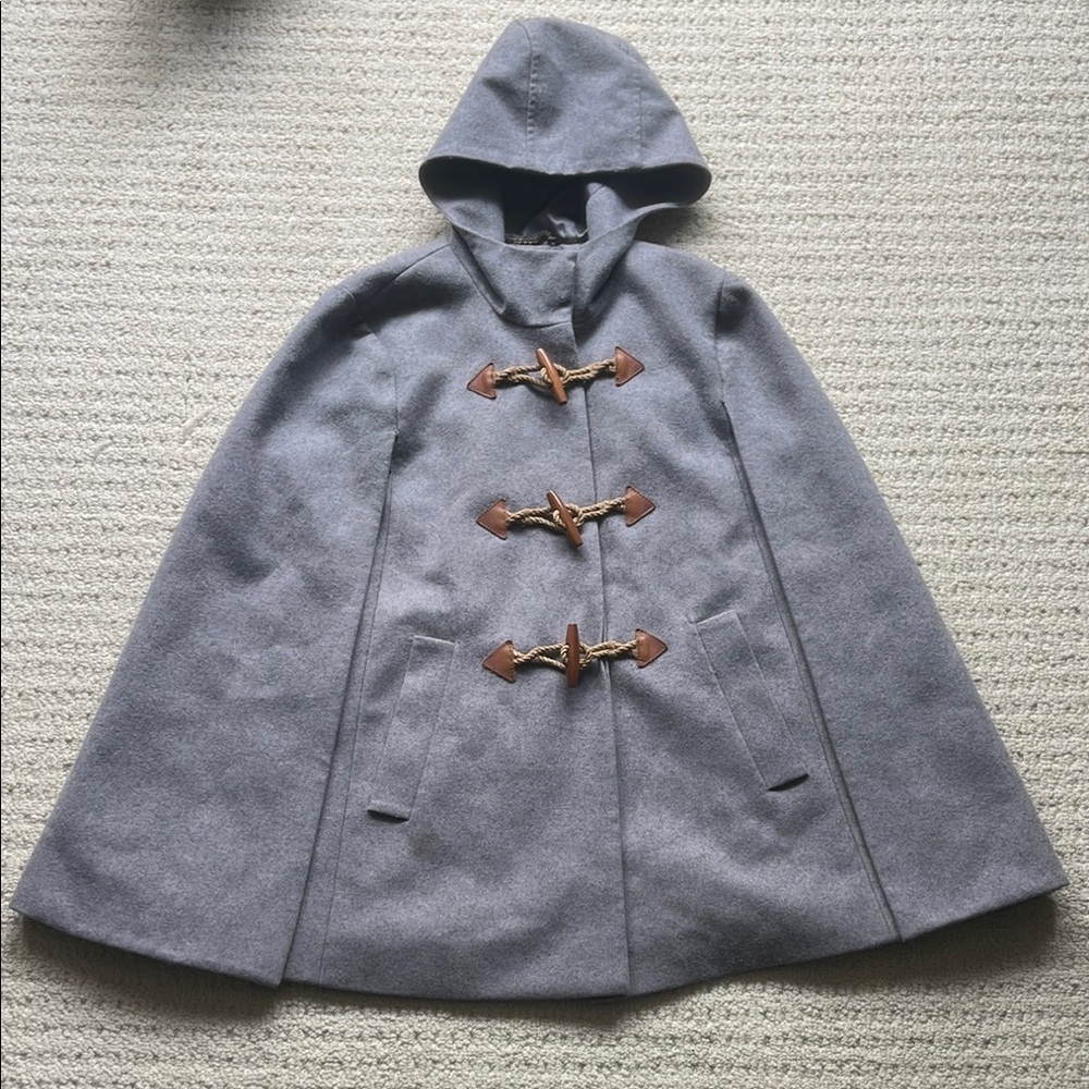 J. Crew Gray Wool Toggle Hooded Cape Coat with Tan Leather Accents - Picture 3 of 12
